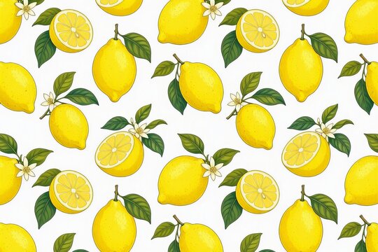 Seamless lemon pattern featuring both whole and sliced ​​fruit suitable for fashion design, fabric, and wallpaper applications set against a white background
