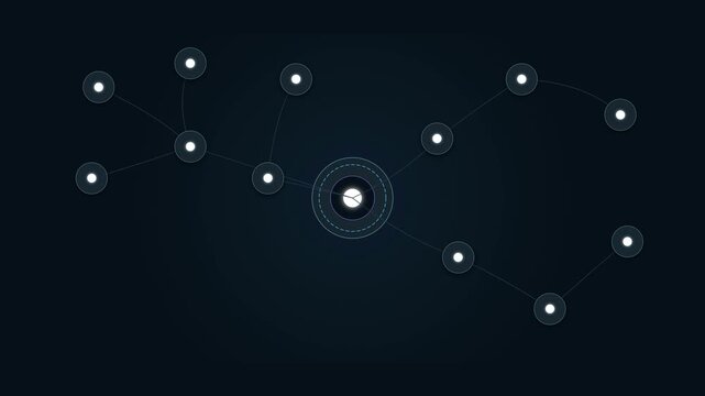 Premium abstract corporate technology visualization showing interconnected digital nodes exchanging data through a structured enterprise network. A central network hub distributes information across m