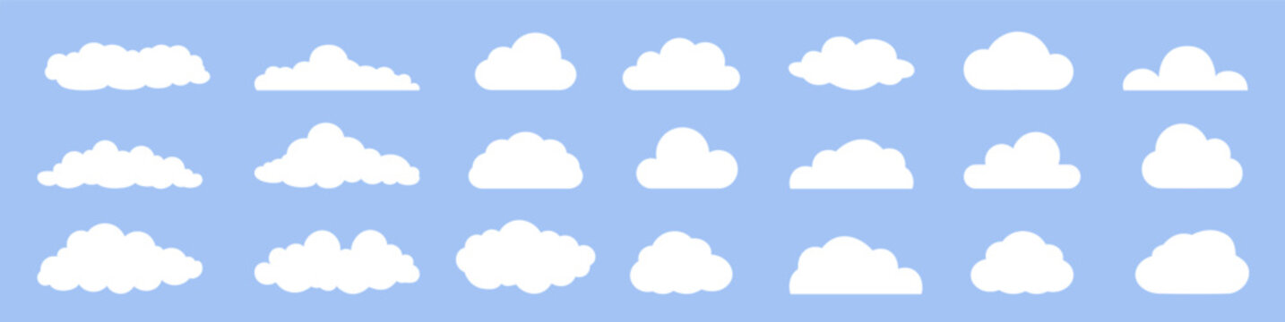 Collection of diverse white cloud silhouettes and weather shapes on a blue background.