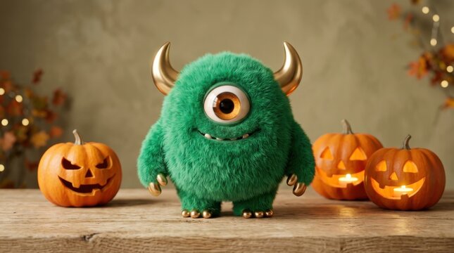 Cute fluffy green oneeyed monster with golden horns standing on a wooden table with halloween pumpkins