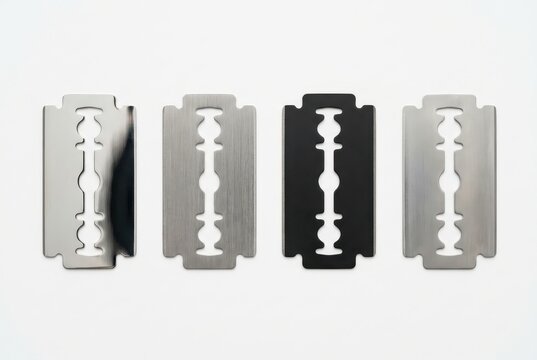 Four Different Double Edge Safety Razor Blades with Various Metal Finishes Isolated on White Background