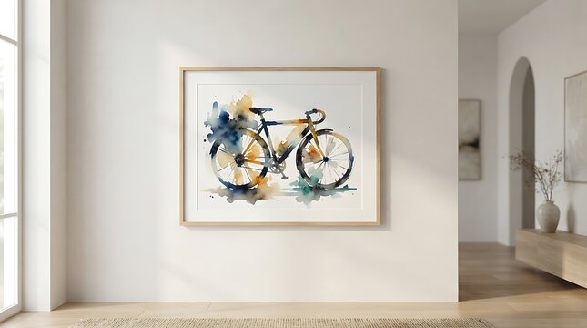 A bicycle watercolor painting in a wooden frame hanging on a neutral wall in a modern room interior