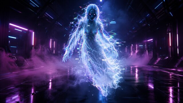 A spectral woman materializes in a futuristic corridor. Neon panels, digital glitches, and mist surround her translucent figure. Cyber gothic Halloween concept for fantasy game art.