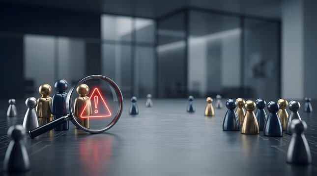 Conceptual Business Risk Management and Security Audit with Magnifying Glass Identifying Red Warning Signal Among Group of Professional People Figures in a Modern Office Environment.