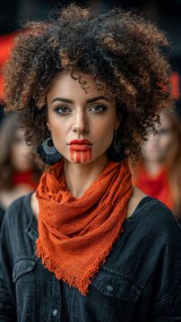 A portrait of a woman with curly hair and face paint wearing an orange scarf against a blurred background.
