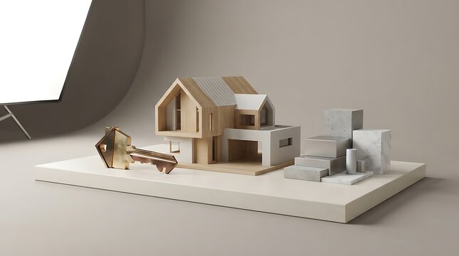 Un modello di casa in miniatura con una chiave grande per un agente immobiliare e concetti di affari