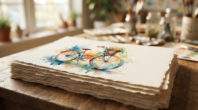 A bicycle watercolor painting resting on a thick stack of handmade deckle edge paper in an artist studio