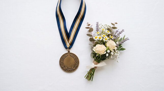 Award and Appreciation: A bronze medal with a dark blue ribbon lies beside a delicate bouquet of white roses and baby's breath, symbolizing achievement and heartfelt congratulations.