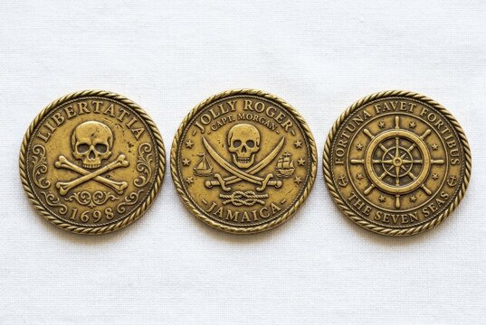 Three Vintage Style Pirate Gold Coins with Skull and Crossbones Jolly Roger Symbols on White Background