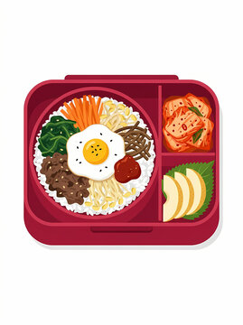 Top view illustration of a Korean bibimbap lunch box with kimchi and sliced apple.
