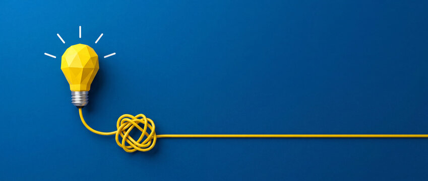Yellow polygonal lightbulb connected to a tangled wire that leads to a straight line on a blue background, representing the concept of creative problem solving and simplifying complex ideas.