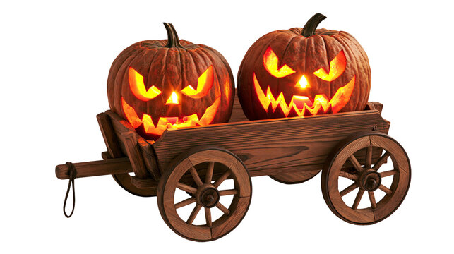 Two glowing carved jack-o-lantern pumpkins inside a rustic wooden cart