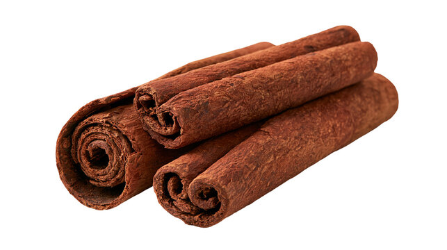 Three aromatic brown cinnamon sticks with textured bark layers