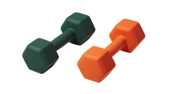 Green and orange hexagonal neoprene coated dumbbells for strength training