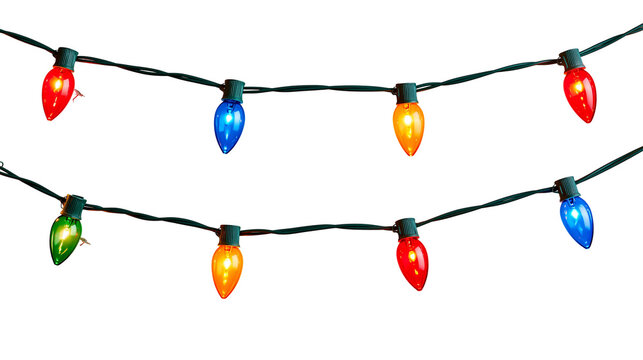 Multicolor glowing incandescent Christmas string lights with green wire