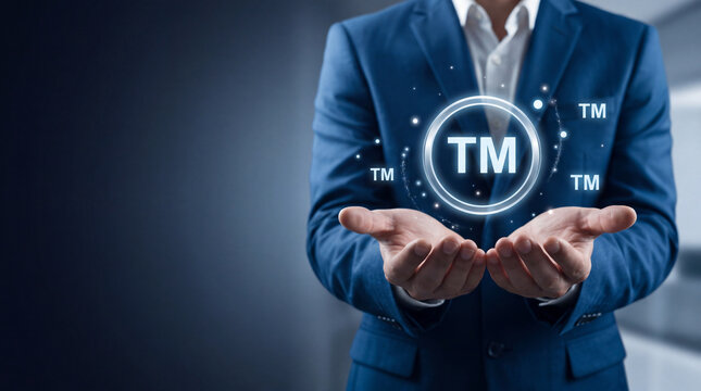 Businessman holding glowing trademark TM symbols representing intellectual property rights protection brand identity registration and legal corporate ownership concept for digital marketing