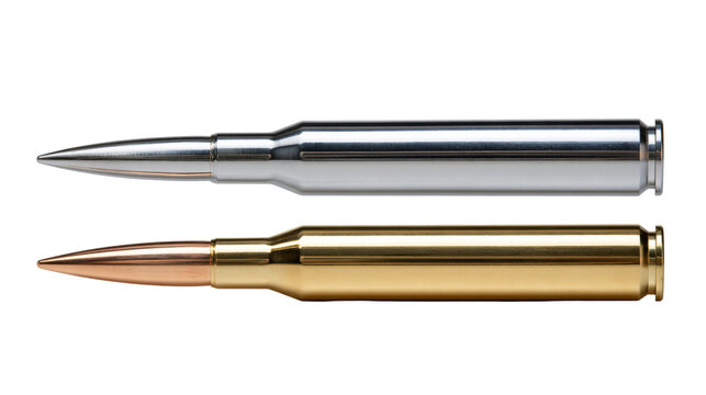 Polished silver and brass rifle cartridges with pointed copper bullets