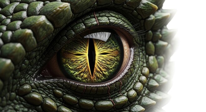 Green reptile eye with slit pupil and scales.