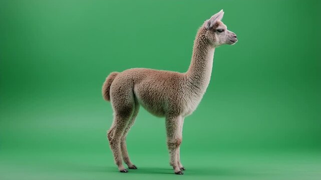 A full body shot of a llama standing on a green screen background.