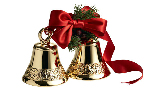 Shiny golden Christmas bells with red satin bow and pine branch decoration