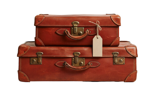 Stacked vintage brown leather suitcases with brass latches and luggage tag