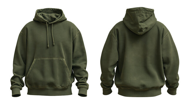 Olive green cotton fleece hoodie with front pocket and drawstring hood
