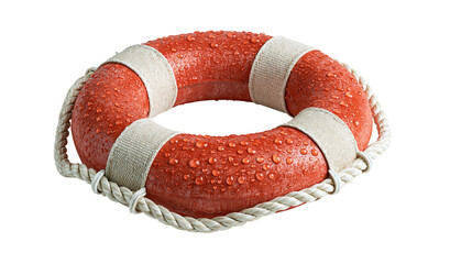 Orange lifebuoy ring with white straps and rope covered in water droplets © Ari