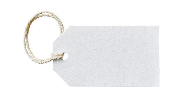 Rectangular white paper price tag with natural jute twine loop