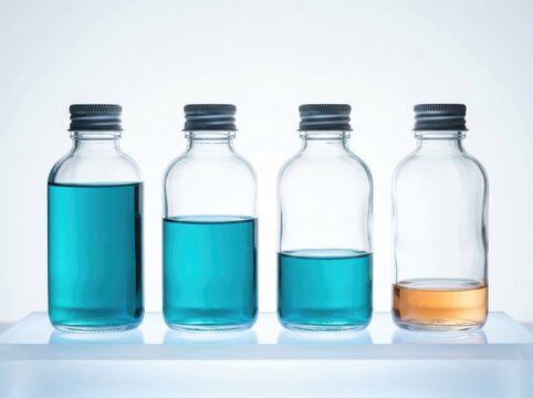 Glass Bottles with Liquid Levels on White Minimal Background