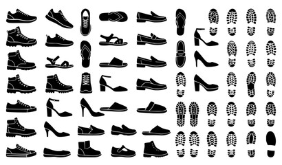 Obraz premium Footwear Shoe Sole Print and Footprint Black Silhouette Vector Icons