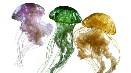 Three translucent jellyfish with purple green and yellow bells and long tentacles © Ari