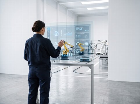 Woman Interacting With Transparent Hologram Screen In Automated Factory