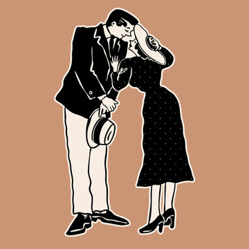 Stylish couple standing, kissing. Happy people in love. Retro, vintage black and white style. Date, romance, affair concept. Hand drawn Vector illustration. Sticker, logo, icon, print template
