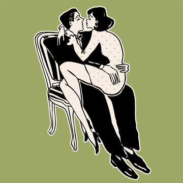 Couple kissing, sitting on chair. Happy people in love. Retro, vintage black and white style. Date, romance, affair concept. Hand drawn Vector illustration. Sticker, logo, icon, print template