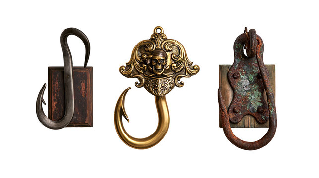 Three vintage nautical wall hooks including a pirate skull design and rusted iron