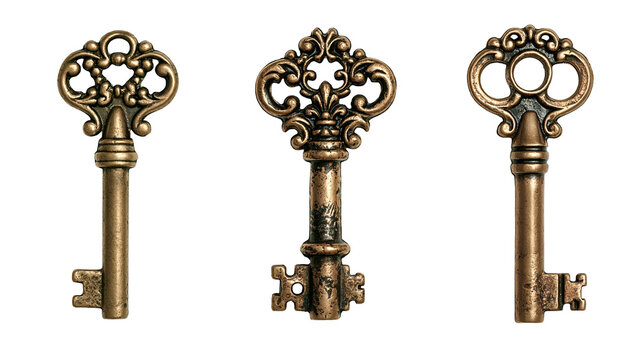 Three ornate vintage bronze skeleton keys with intricate decorative bow designs