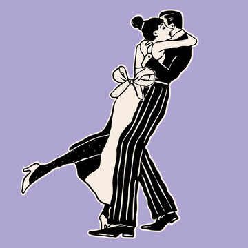 Stylish couple hugging, dancing. Happy people in love. Retro, vintage black and white style. Date, romance, affair concept. Hand drawn Vector illustration. Sticker, logo, icon, print template