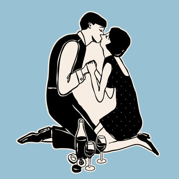Couple kissing on picnic with wine. Happy people in love. Retro, vintage black and white style. Date, romance, affair concept. Hand drawn Vector illustration. Sticker, logo, icon, print template
