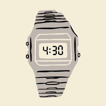 Silver metal digital wrist Watch. Fashion, expensive, luxury, classic, casual watch. Hand drawn trendy Vector illustration. Isolated design element. Logo, sticker, print template