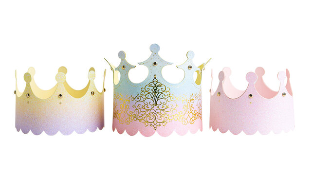 Three decorative paper party crowns with glittery gradient and gold foil patterns