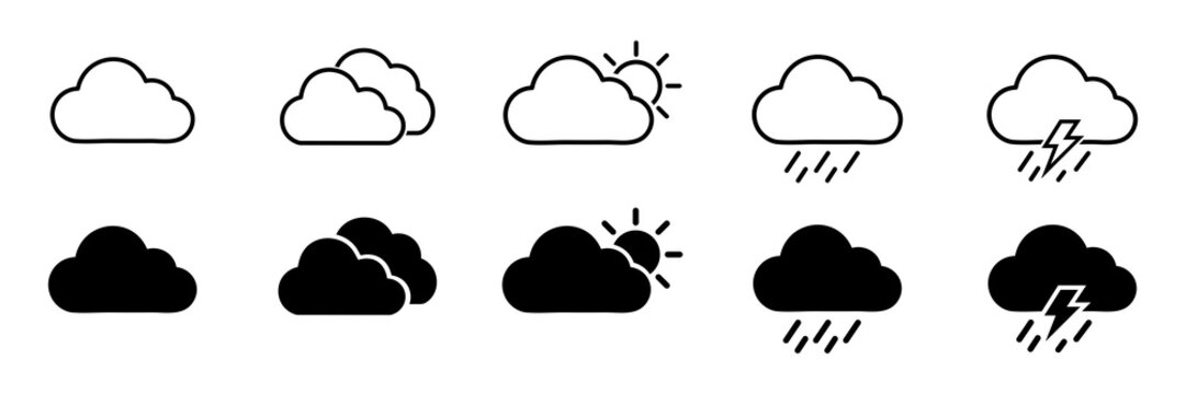 Cloud icon set with cloudy, partly cloudy, rainy and thunderstorm symbols in outline and solid styles. Weather condition icons for forecast apps and web interfaces