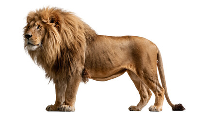 Majestic adult male lion with thick golden mane standing in profile © Ari