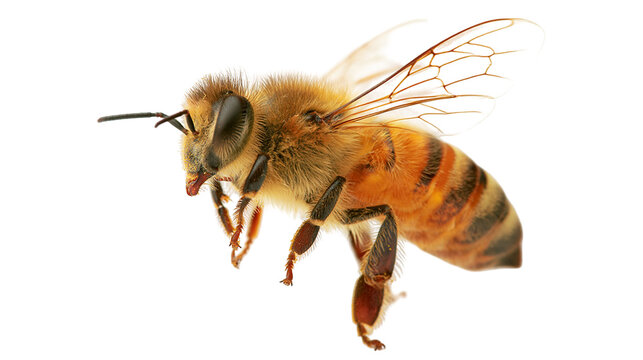Detailed macro shot of a honey bee with fuzzy golden body and translucent wings