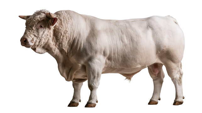 Large muscular white Charolais bull standing in profile