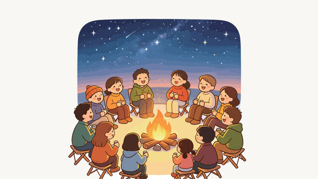 Cozy Group of People Gathering Around a Campfire Under a Starry Night Sky