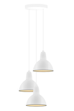 Modern set of three hanging pendant white ceiling lamps  at different heights isolated