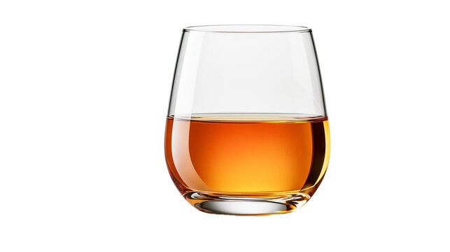 Stemless glass filled with amber colored whiskey or bourbon spirit