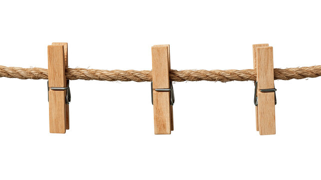 Three wooden clothespins clipped onto a thick twisted jute rope string