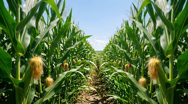 Cornfield with ripe ears of corn under clear blue sky
