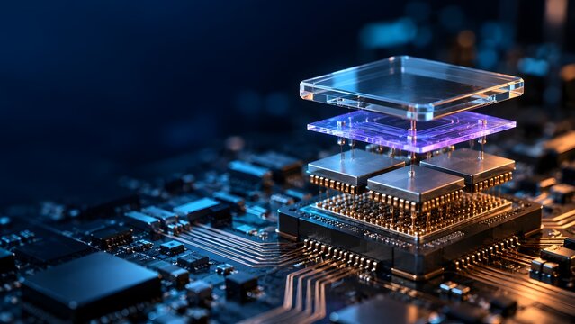 Advanced microchip architecture with layered components and intricate circuitry on a dark background representing future technology and innovation.